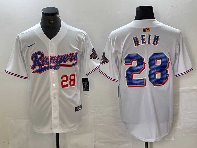 Men%27s Texas Rangers #28 Jonah Heim Number White 2023 World Series Champions Cool Base Jersey